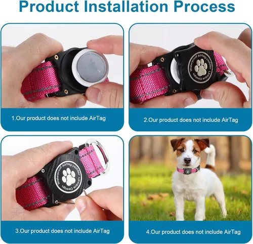 Vista 5 de Airtag - Collar para perro, collar de nailon con soporte impermeable para AirTag, collar luminoso reflectante ajustable para mascotas para perros