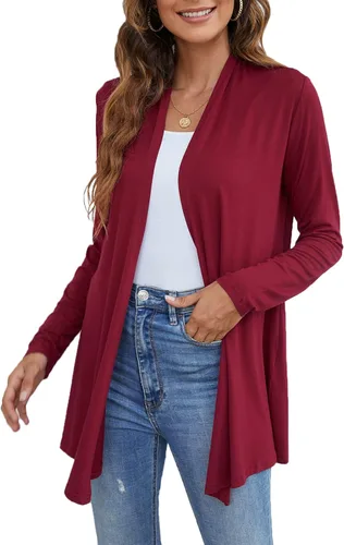 Vista 2 de Ladlop Cárdigan ligero con frente abierto para mujer, manga larga, casual, suave, drapeado, cárdigan de otoño
