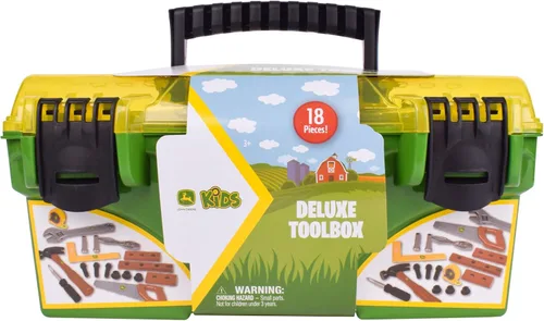 Vista 7 de John Deere Caja de herramientas de lujo de 18 piezas, juego de construcción con cinta métrica y herramientas, juguetes de construcción interactivos