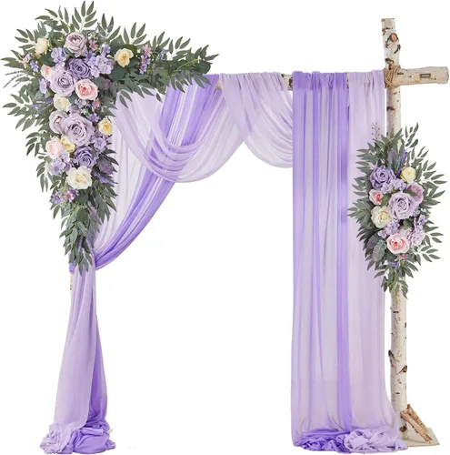 Vista 14 de Kit de flores para arco de boda con cortinas (paquete de 4) – 2 guirnaldas artificiales beige de lujo con 2 cortinas transparentes para ceremonia