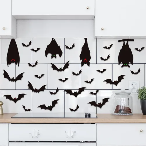 Vista 5 de ZOIIWA Adhesivos de Murciélagos de Halloween para Ventana Decoración, PVC Negro, 9 Hojas, 33x25cm, Reutilizable, Interior, Estilo de Terror