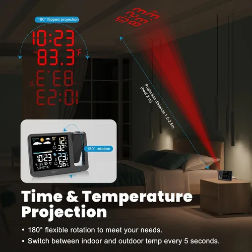 Vista 3 de uzoli Reloj Despertador de Proyección Estación Meteorológica, Reloj Proyector Atómico WWVB con Sensor, Retroiluminación Ajustable, Temperatura