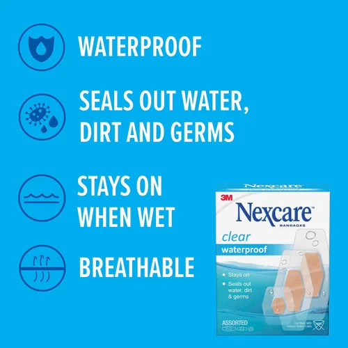 Vista 3 de Nexcare Vendas transparentes impermeables para rodilla y codo, se mantienen en la piel en el baño, ducha o piscina, 2.38 x 3.5 pulgadas, 30