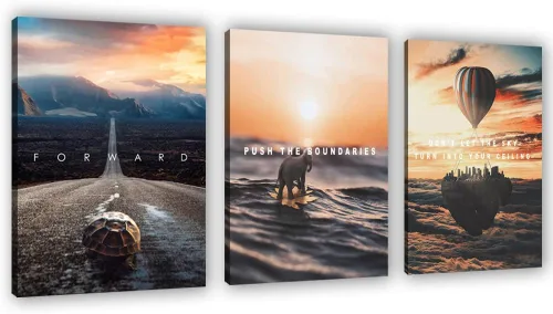 Vista 10 de 3 Paneles de Arte de Pared en Lienzo Inspiracional Enmarcado Moderno Pez Dorado Cuerpo Fuerte Corazón de Tiburón La Mentalidad lo es Todo Carteles