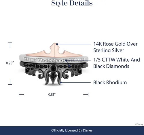Vista 5 de Jewelili Enchanted Disney Fine Jewelry - Anillo de plata de ley con diamantes redondos negros y blancos naturales tratados con oro rosa y oro rosa