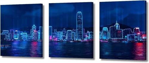 Vista 31 de Cuadros de 3 paneles de Cyberpunk City - Arte de pared de vallas publicitarias de edificios modernos en la capital con obras de arte modernas
