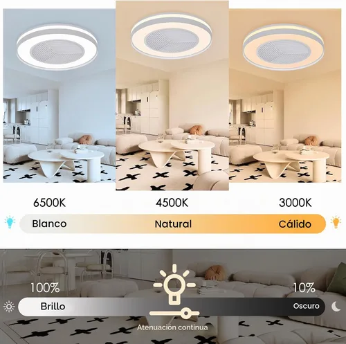 Vista 2 de Ventiladores de techo inteligentes de bajo perfil con control remoto/APP de 3 luces regulables, ventiladores de techo sin aspas de 20" con 6