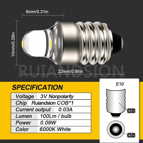 Vista 2 de Ruiandsion 4 bombillas LED E10 3 V 6000 K bombillas LED blancas para linterna antorcha luz antorcha, sin polaridad Blanco