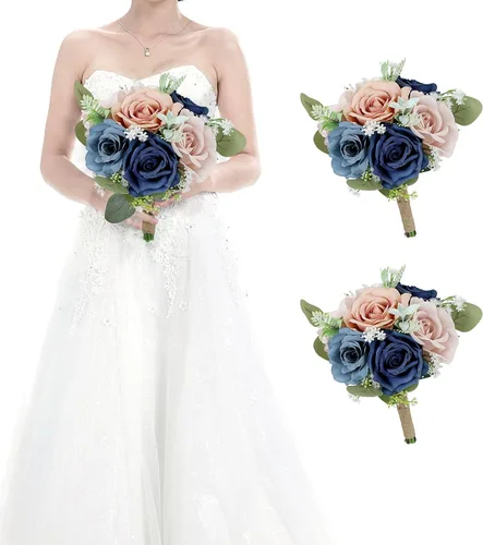 Vista 8 de Ramos de novia bohemios para boda, ramos de 9 pulgadas de flores artificiales para decoraciones de centro de mesa de ceremonia y aniversario, rosas
