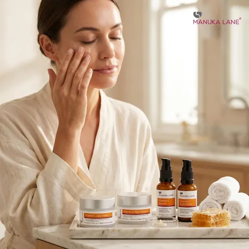 Vista 6 de Manuka Lane Régimen completo de cuidado de la piel con vitamina C Incluye (1) crema de día, (1) crema de noche, (1) suero facial, (1) ojo