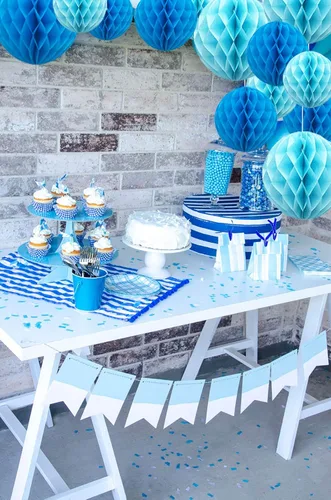 Vista 2 de ZOOYOO 12 piezas 15 cm 25 cm bolas de panal decorativas de papel de seda con pompones colgantes para cumpleaños, baby shower, boda, compromiso, Azul