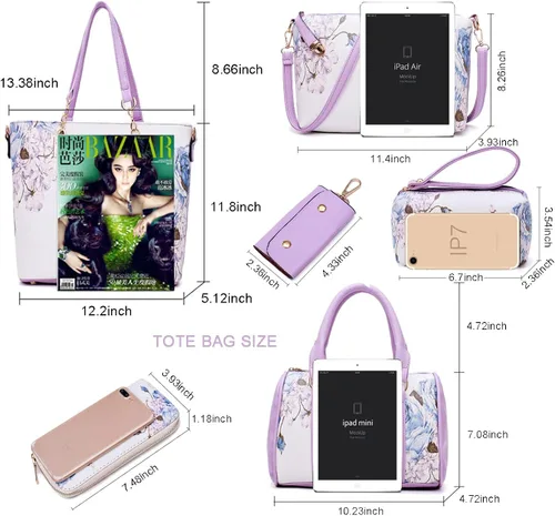 Vista 2 de Juego de 6 bolsas y monederos con estampado floral para mujer, bolso de mano de cuero para el hombro