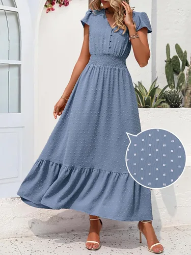 Vista 3 de PRETTYGARDEN - Vestido estilo bohemio, manga corta, cuello en V y plumetí con volados para mujer, vestido largo fruncido de cóctel
