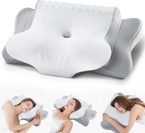 Vista 10 de Almohada cervical de espuma viscoelástica para cuello y hombros, almohada cervical de contorno ergonómico para dormir con 2 alturas, almohadas