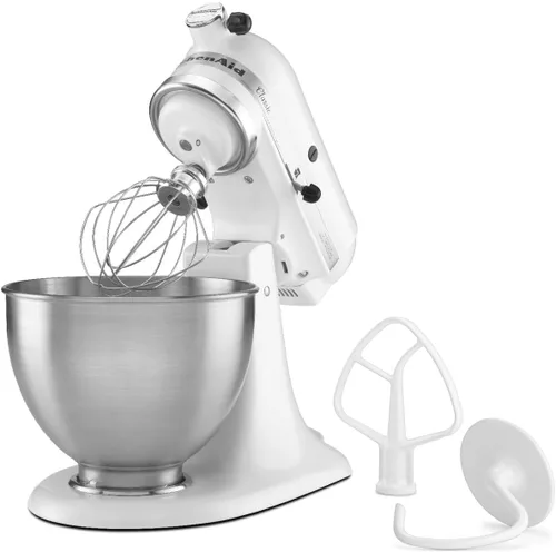 Vista 4 de KitchenAid Classic Series K45SS - Batidora de pie inclinable de 4.5 cuartos de galón, color blanco y 6 velocidades con batidores de borde flexible