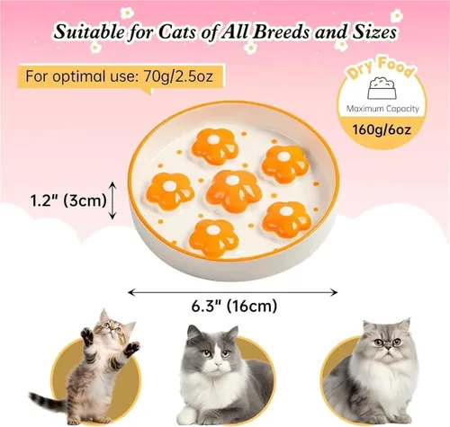 Vista 2 de Cuenco de cerámica para gatos de 6 onzas, plato de rompecabezas ancho poco profundo, apto para lavaplatos (Naranja)