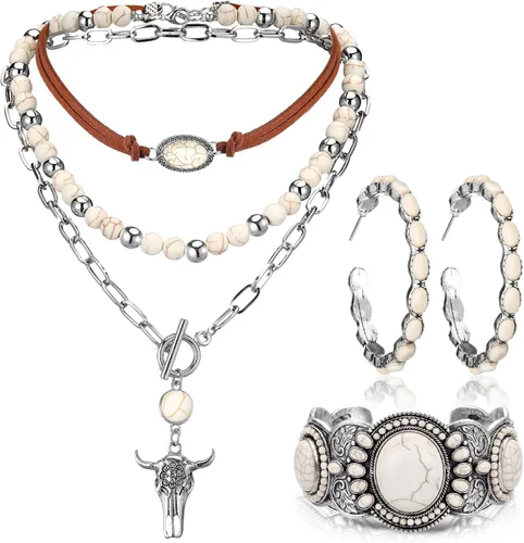Vista 26 de 3 piezas de joyería boho occidental para mujer, conjunto de joyas de turquesa, aretes vintage, pulsera, collar bohemio occidental para mujer Negro