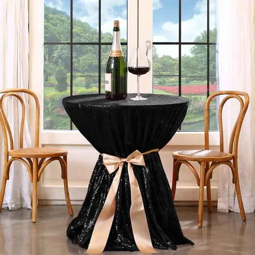 Vista 5 de Manteles redondos de lentejuelas negros para fiestas, de 121,9 cm, mantel redondo de purpurina ajustado, pequeño, lindo y dulce, para boda