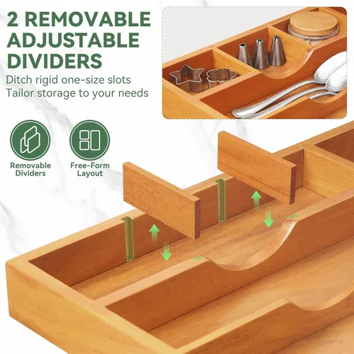 Vista 3 de Teak Silverware Organizer For Drawer, Flatware Silverware Storage Tray