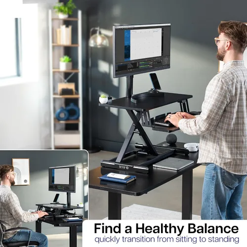 Vista 7 de VIVO DESK-VE32B - Convertidor de escritorio con motor eléctrico de 32 pulgadas, elevador de altura ajustable, monitor dual y estación de trabajo
