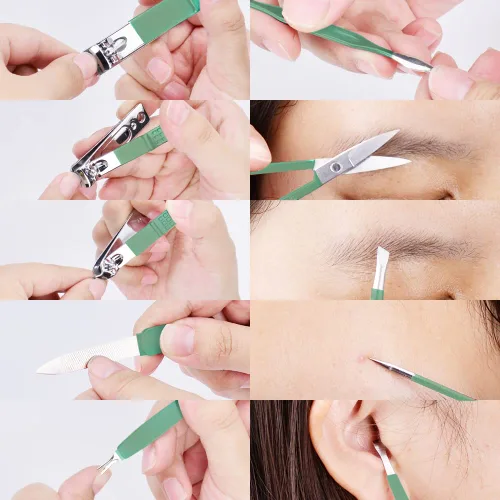 Vista 4 de HANTEKAS Juego de manicura 10 en 1 de acero inoxidable, cortaúñas tijeras kit de herramientas de pedicura - Kit de aseo portátil de viaje para Verde