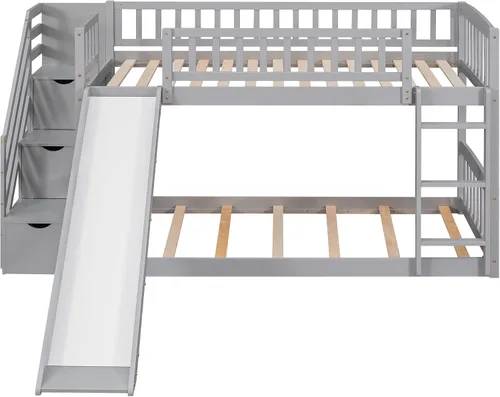 Vista 9 de CITYLIGHT Twin Over Twin Low Bunk Bed with Slide and Storage Stairs, Gray Grey