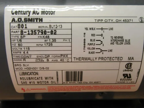 Vista 6 de A.O. Smith 801 Motor 8-135790-02 1/6HP 1725RPM