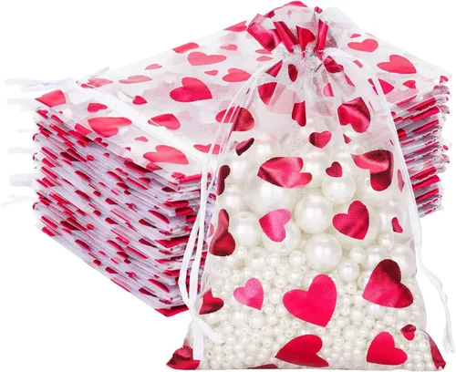 Vista 13 de G2PLUS - Bolsas de organza de corazón, 50 bolsas de regalo con cordón transparente de 4 x 6 pulgadas Pink Mesh Bags with Gold Foil Hearts for