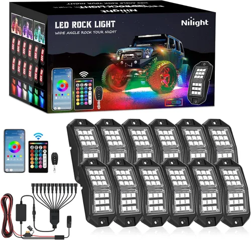 Vista 22 de Nilight Luz LED RGB para látigo, 2 unidades, 3 pies, con 4 luces de roca RGB-Látigo+Roca