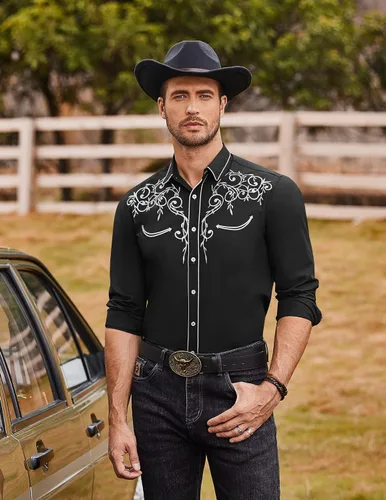 Vista 2 de Coofandy Camisa de hombre de manga larga ajustada con bordado casual de botón