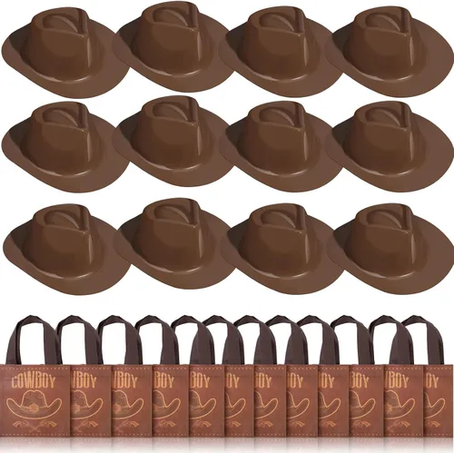 Vista 8 de SATINIOR Juego de 24 sombreros de vaquero de plástico para niños, regalos de fiesta occidental con bolsas de regalo de vaquero, sombreros marrones