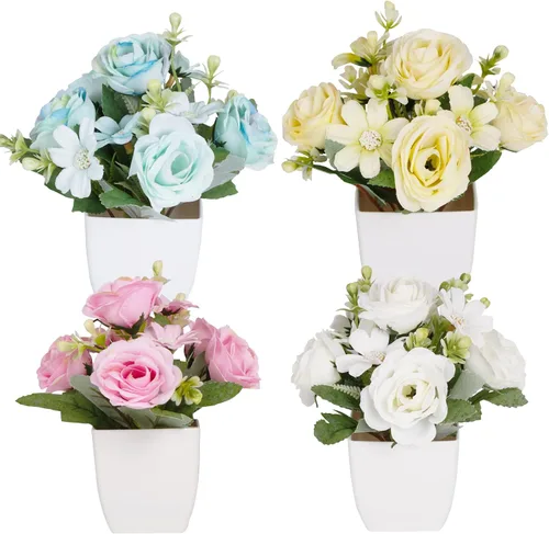 Vista 8 de Yoratee 4 paquetes de plantas falsas pequeñas en maceta con camelia para el hogar, interiores y exteriores, pequeñas decoraciones
