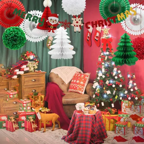 Vista 4 de Cartel y pompones de Feliz Navidad, abanicos de papel y faroles para Navidad, decoración de fiestas para Navidad, suministros de fiesta de Año Nuevo