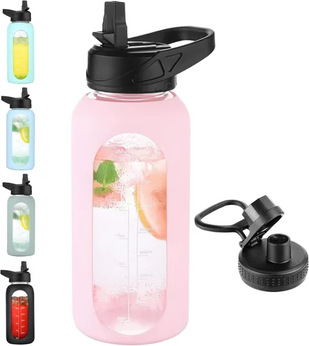 Vista 27 de EALGRO Botella de agua de vidrio de 32 onzas con popote y asa, frasco de agua motivacional deportivo con funda de silicona, taza grande a prueba