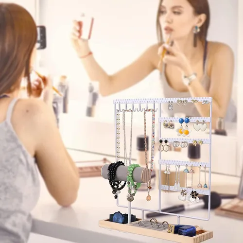Vista 3 de WONSURE Organizador de joyas, soporte para collares, colgador de aretes colgantes, estante de torre de joyería de 5 niveles, organizador de aretes