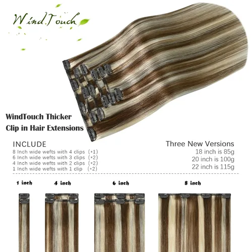 Vista 3 de WindTouch - Extensiones de cabello humano real con clip, color marrón claro a rubio con reflejos #6P613, 22 pulgadas, 4.33 onzas, 7 piezas #6p613