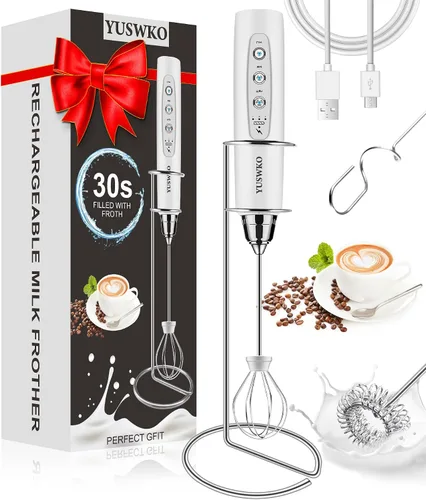 Vista 16 de YUSWKO Baby Blue - Varita espumadora de leche de mano para café, batidor eléctrico recargable con 3 cabezales, 3 velocidades, mezclador de bebidas
