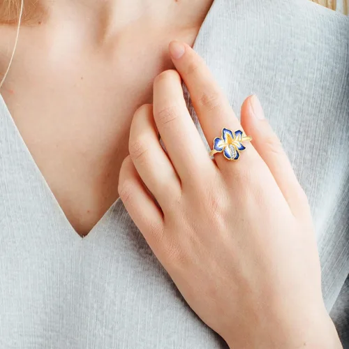 Vista 4 de Santuzza Anillo de diamante genuino de flor esmaltada de oro sólido amarillo de 10 quilates para mujer