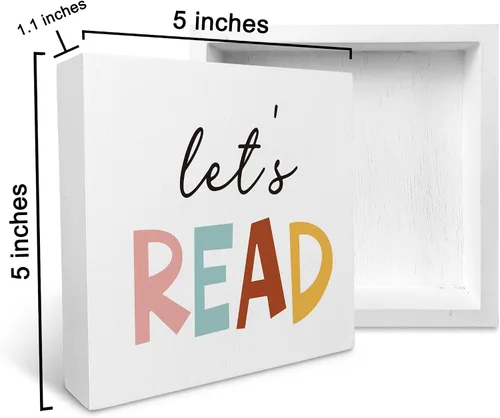 Vista 3 de Ku-Dayi Letrero de madera con texto en inglés "Let's Read", decoración de esquina de lectura para decoración de biblioteca, hogar, niños, sala