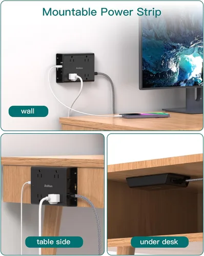 Vista 7 de Protección contra sobretensiones Addtam, cable de extensión de enchufe plano de 5 pies con 4 cargadores de pared USB (2 puertos USB C), 4 tomas