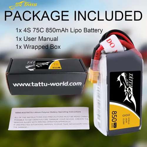 Vista 6 de Tattu Paquete de batería LiPo de 14.8V 4S 75C 850mAh con enchufe XT30 para multirotor FPV de tamaño 100 a 180 Owl Racing Quadcopter