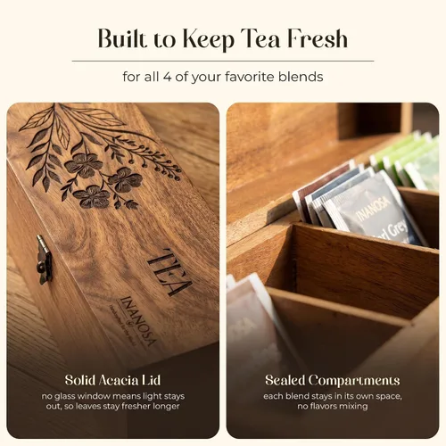 Vista 6 de Organizador de té de madera de acacia hecho a mano, caja de té de 4 compartimentos con grabado (floral clásico, 4 compartimentos)