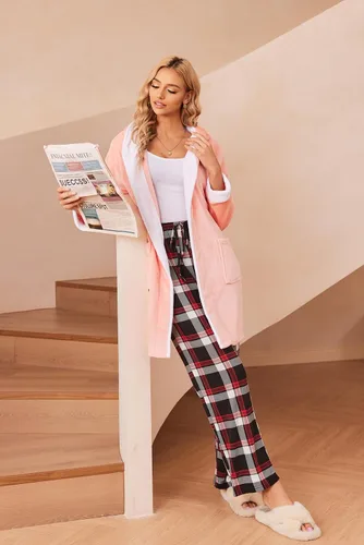 Vista 4 de Ekouaer - Pantalones cómodos de pijama, con bolsillos, a cuadros, elásticos y con cordón, para mujer