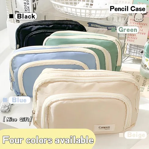 Vista 6 de LSLSHY Estuche grande de tres capas con cremallera para lápices, suministros de papelería para adolescentes, niñas, niños y estudiantes (beige)
