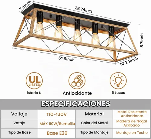 Vista 4 de 31.5" Flush Mount Ceiling Light Fixture, 5-Light Vintage Industrial Cage Chandelier for Dining Room, Kitchen Island, Living Room, Dimmable Semi