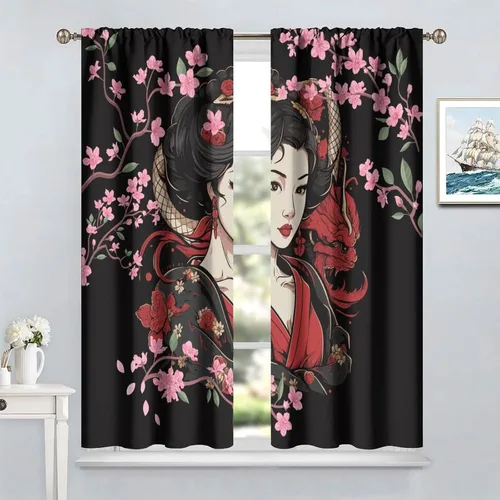 Vista 2 de Cortinas de geisha japonesas, flores rosas, ramas de árbol, sexy, glamour, para mujer, encantador, estética, oriental, con bolsillo para barra
