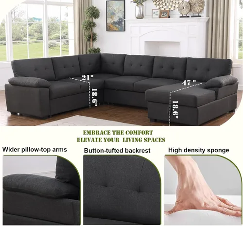 Vista 7 de asunflower Sofá cama modular con almacenamiento de 118 pulgadas, sofás seccionales en forma de U para sala de estar, sofá cama de gran tamaño de 6 a