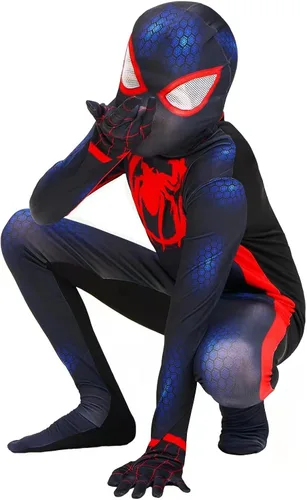 Vista 5 de WonderVegas Overol de superhéroe con máscara facial, disfraz de araña para niños y niñas, traje de fiesta de cosplay de 3 a 12 años