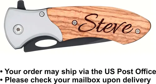 Vista 2 de Cuchillos de bolsillo grabados. Assisted Opening 3.25" Stainless Steel Blade, Personalized Real Wood Handle, Partially Serrated, Pocket Clip