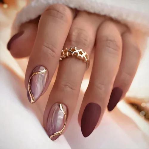 Vista 16 de Uñas postizas cortas de almendra a presión con punta francesa morada, uñas falsas ovaladas con diseños de ondas y diamantes de imitación, uñas